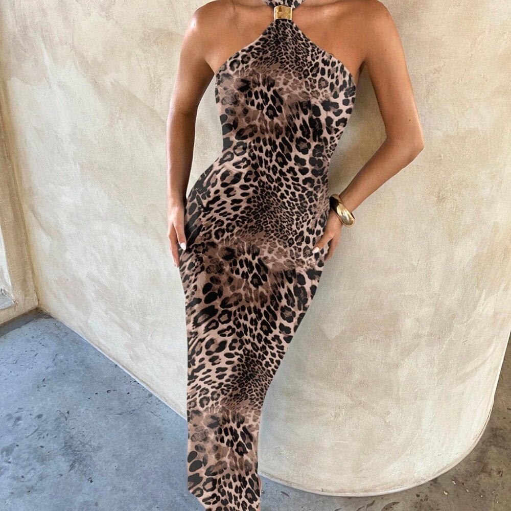 Multicolor Elegant Women's Sexy Leopard Print Maxi Bodycon Dress - Picture 3 of 7